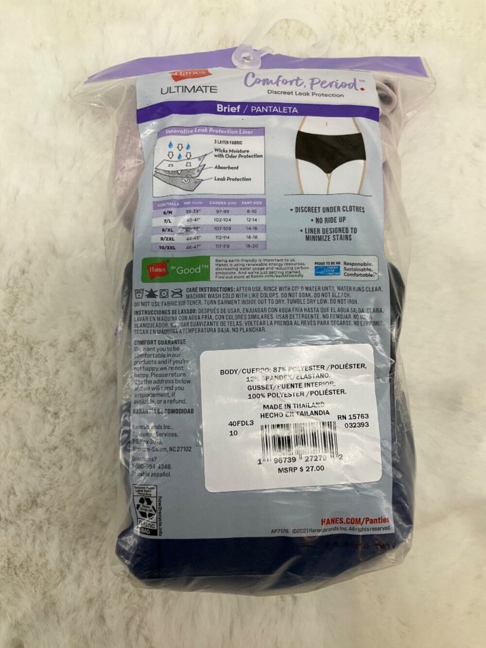 Hanes 3 pr. Ultimate Brief Light Comfort Period Protection Underwear Size 3XL - Picture 4 of 6